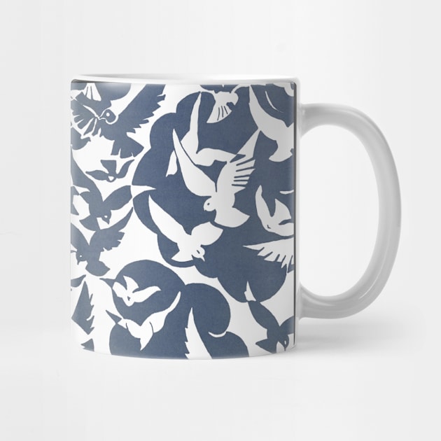 "Flying Birds" (French blue and white), vintage print pattern reimagined, 1928 by retrografika